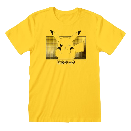 Heroes Inc. Pokémon Kurzarm-T-Shirt, Unisex, Pikachu Katakana, Gelb